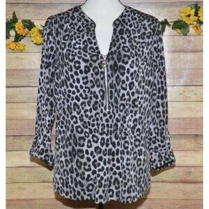 Michael Kors Ladies XL Cheetah Print Half Zip Blouse Top Roll Tab Sleeve Logo Se